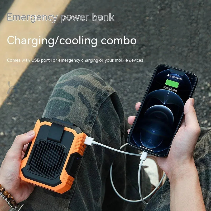 Wrist-worn personal fan with LED light and USB charging port in green, orange, pink, or white colours