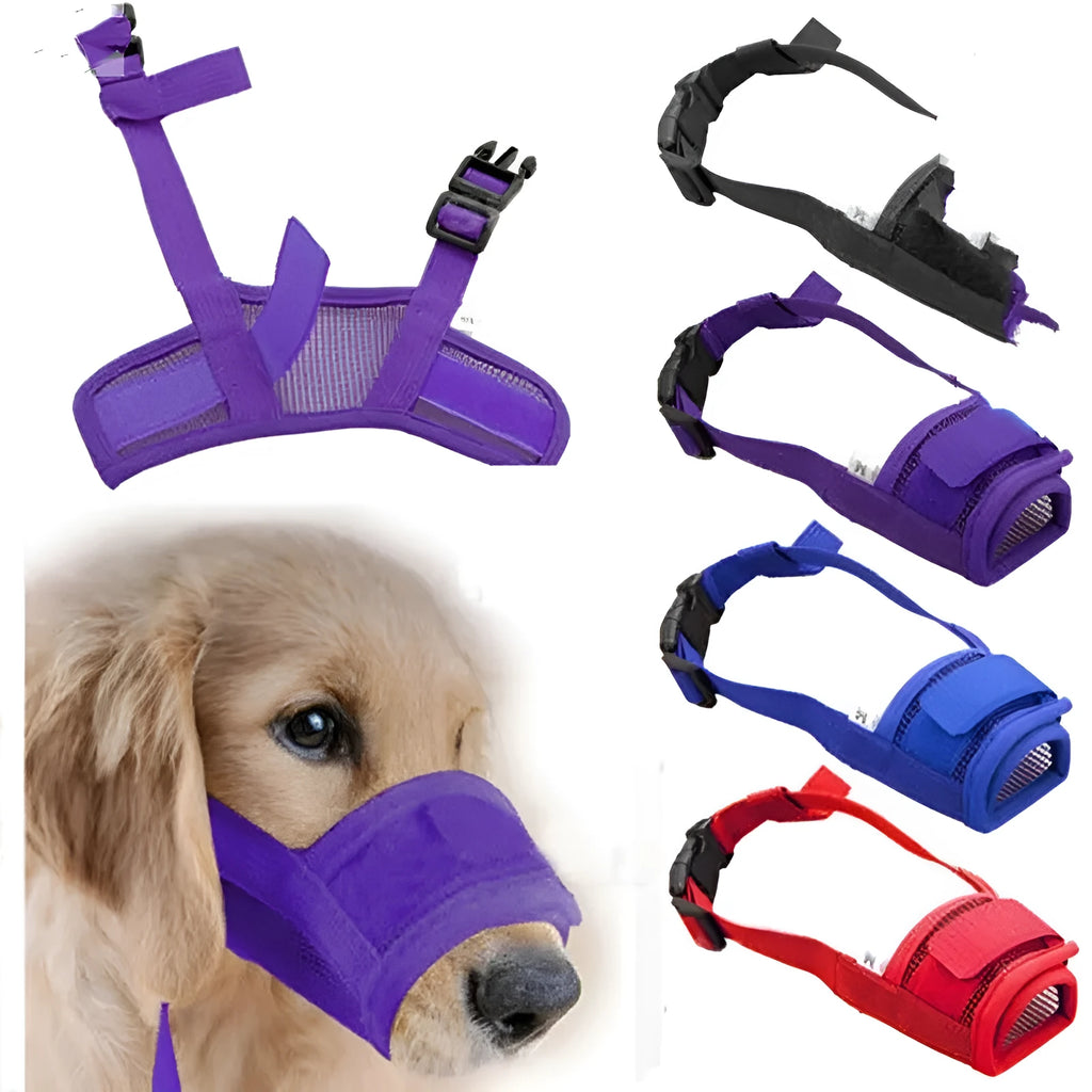 Adjustable plastic dog muzzle in multiple colours and sizes for biting and chewing control