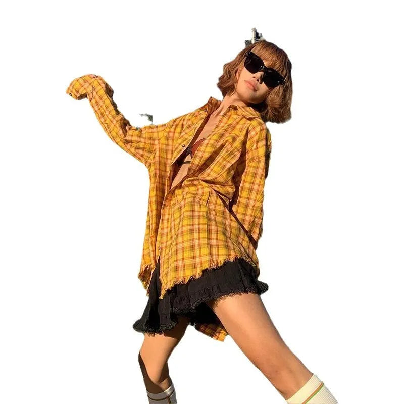 Dopamine yellow loose fit plaid shirt with cardigan style, chemical fibre blend fabric