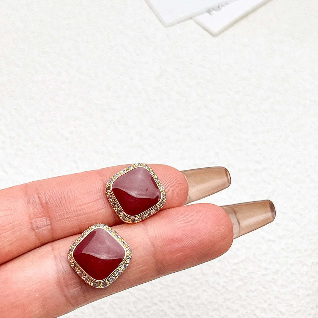 Geometric square alloy earrings with retro red colour for women