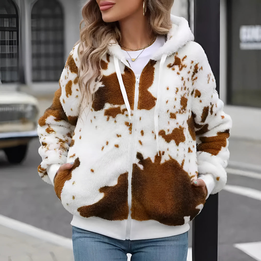 Yellow brown cow print plush cardigan jacket with hood and front zip.