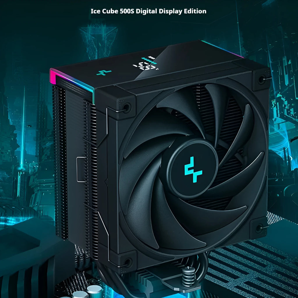 Dual tower CPU air cooler with digital temperature display in black or white finish.