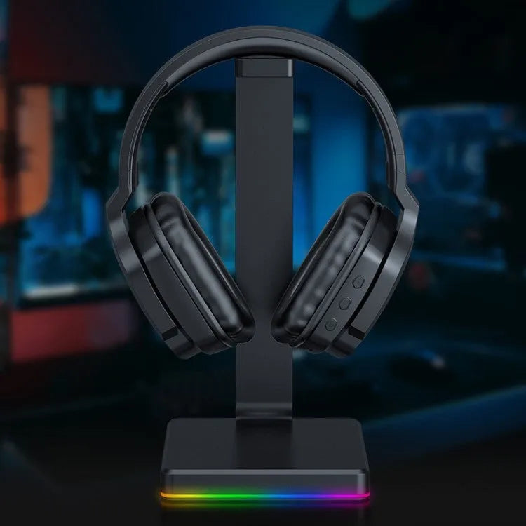 Luminous black wireless stereo headphones with LED lighting, head-mounted design