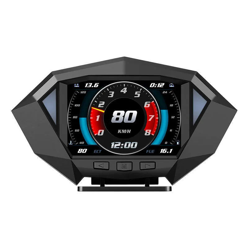 Black car HUD display unit with LCD screen, OBD cable, and anti-slip pad on dashboard