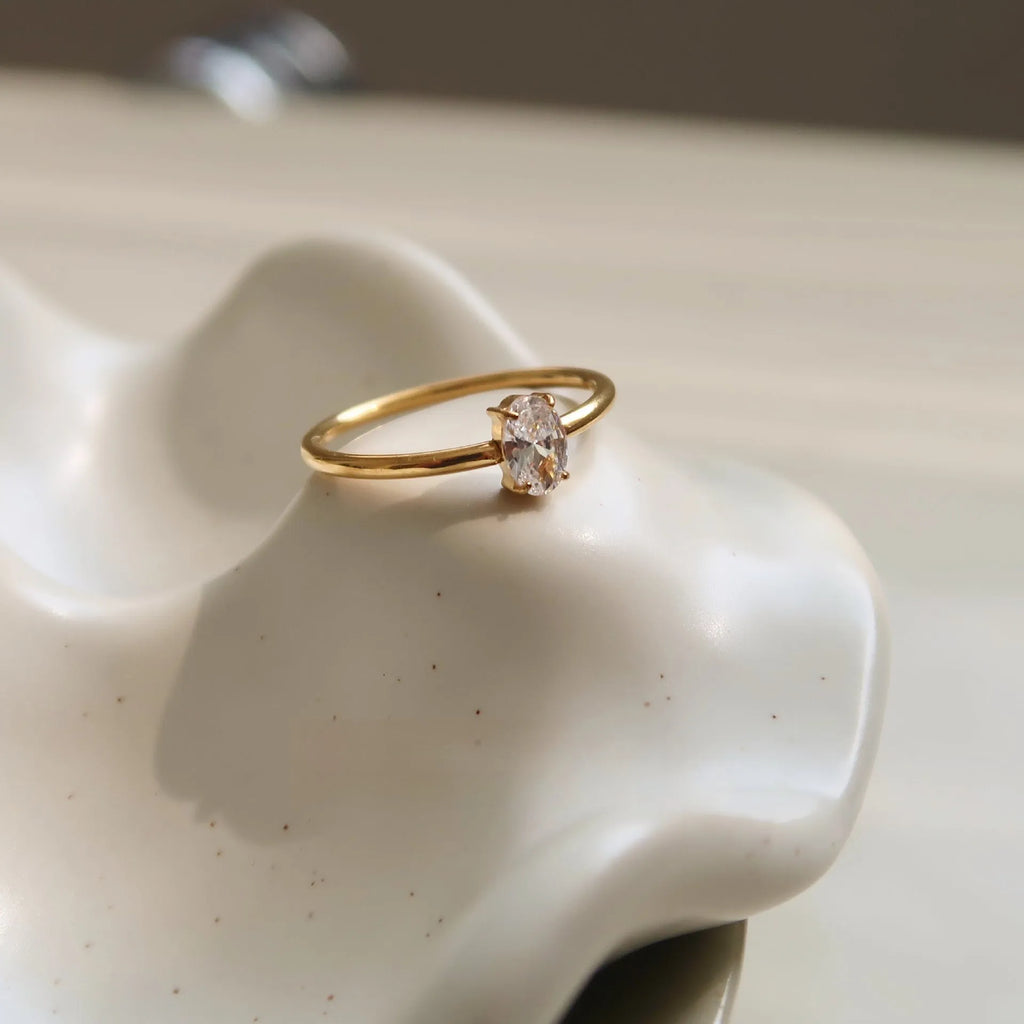 Golden stainless steel ring showing heart shape and oval style options for women in multiple sizes