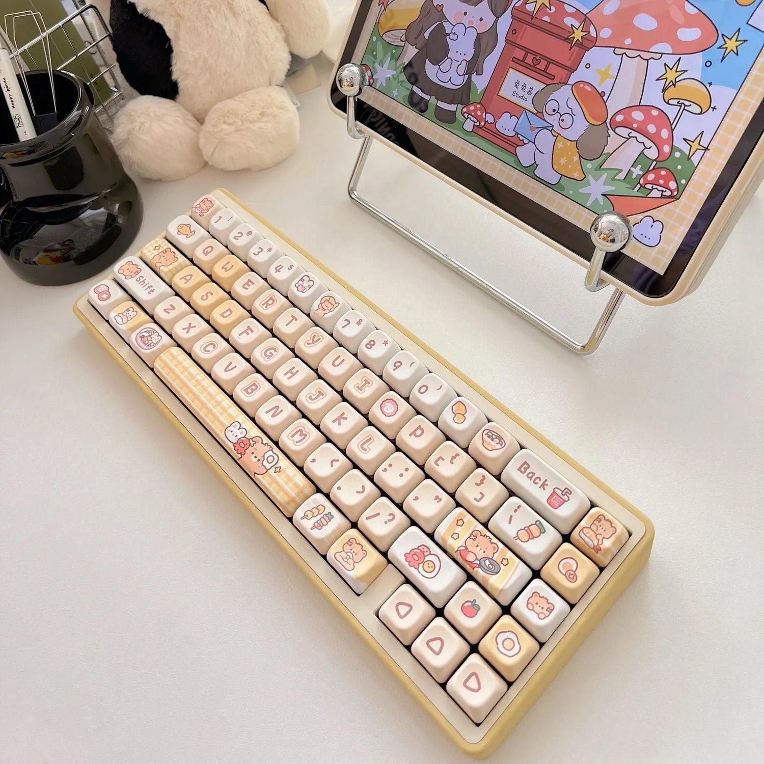 Rabbit Bear Restaurant themed PBT plastic keycap set for mechanical keyboards, showing 140 keys with EOA height profile.