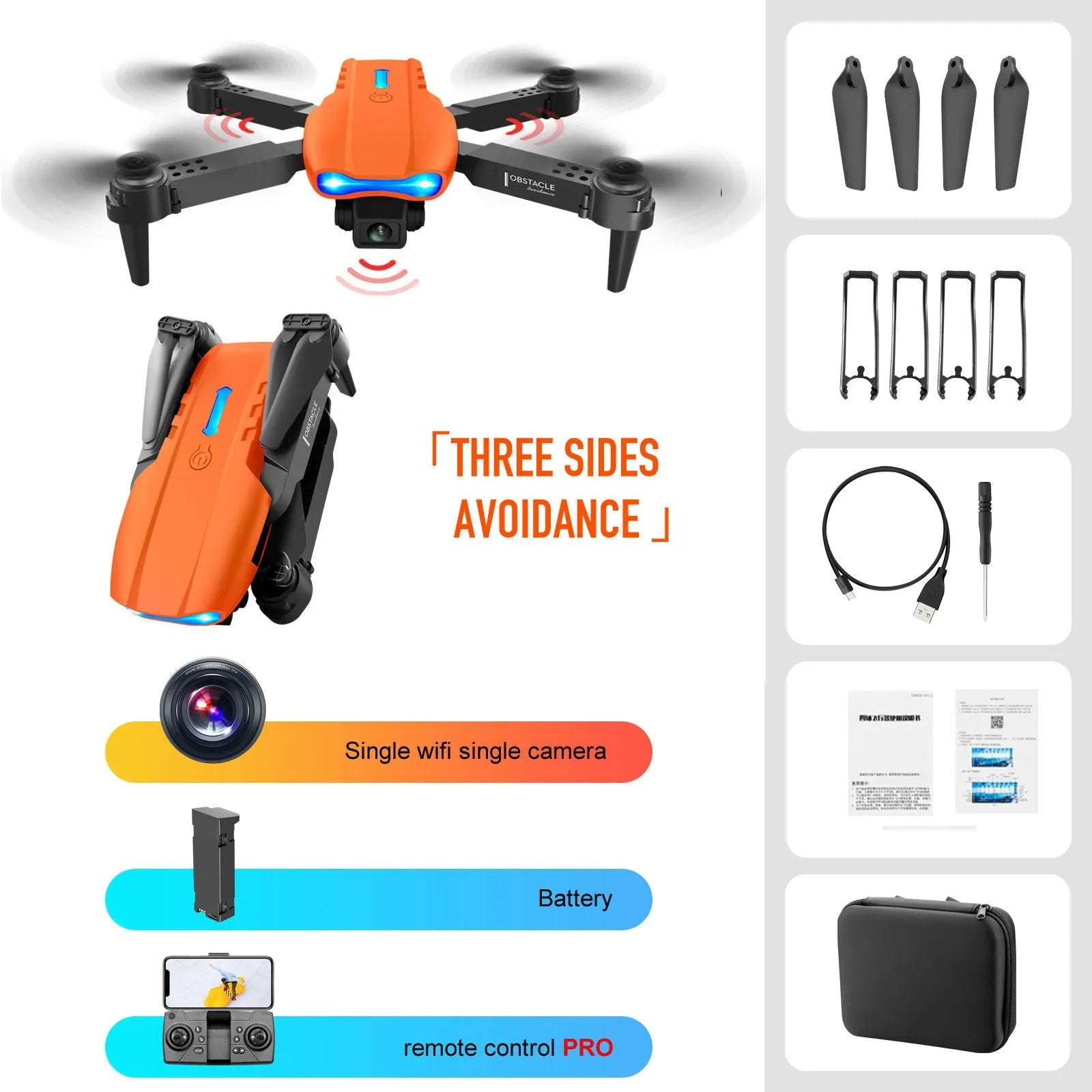 4K dual camera drone with three-sided obstacle avoidance, black, folded size 13x7x5.5 cm