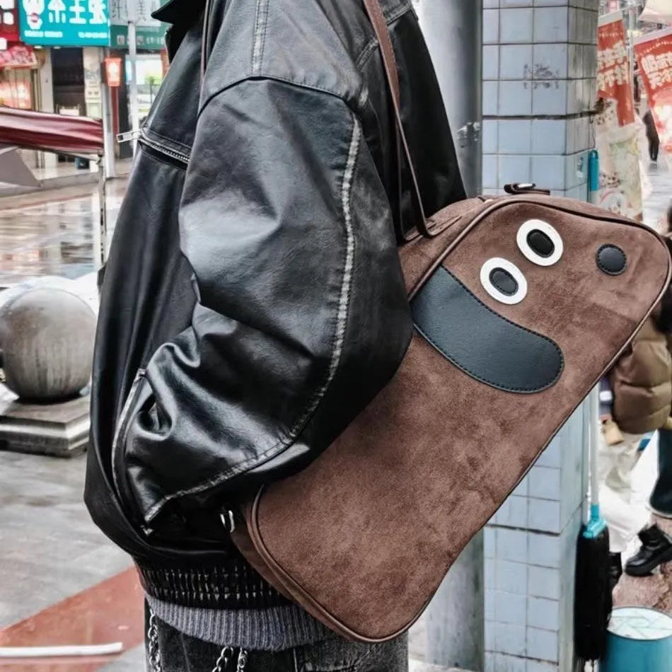 Virtue Pull sausage dog crossbody shoulder bag in toast brown colour, cotton material, large capacity, zipper closure.