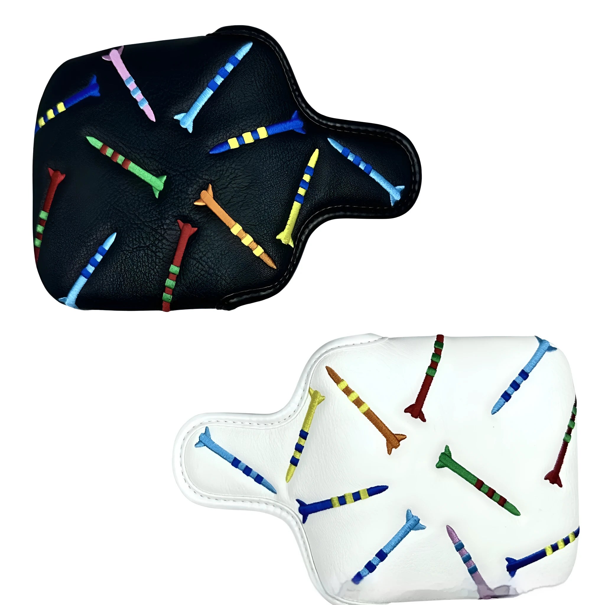 Black golf putter protective sleeve with white rocket pattern designed for square club heads.