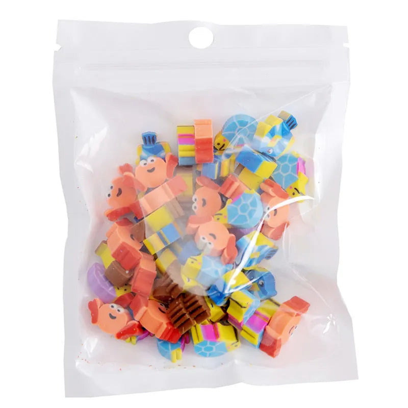 50 small colourful cartoon erasers featuring fruit, animal, cake, and theme designs in a pearlescent bag.