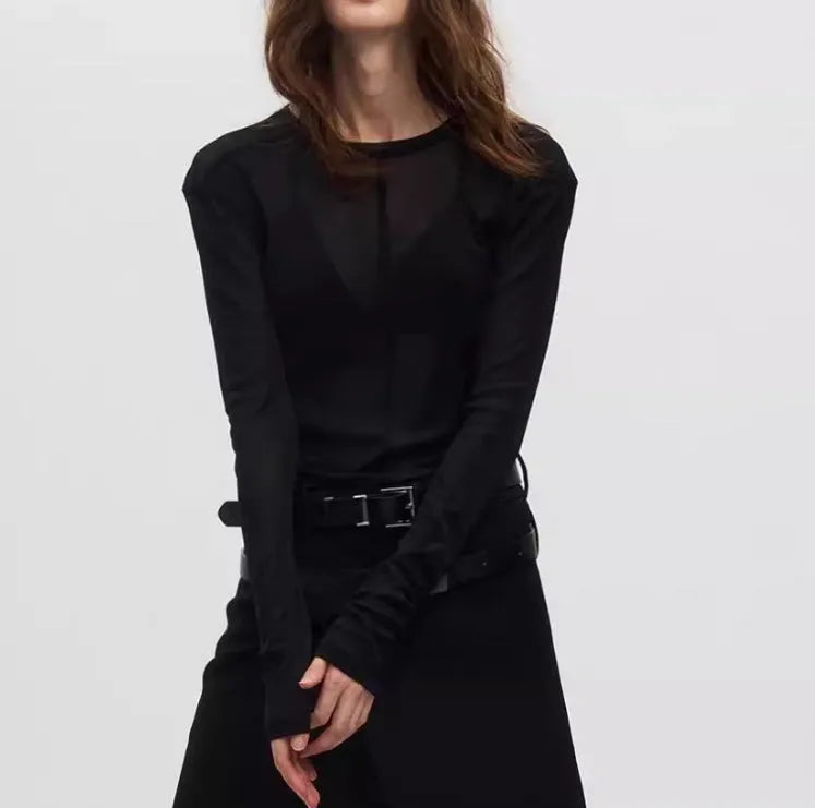 Black mesh slim-fit long sleeve women's pullover top on a hanger