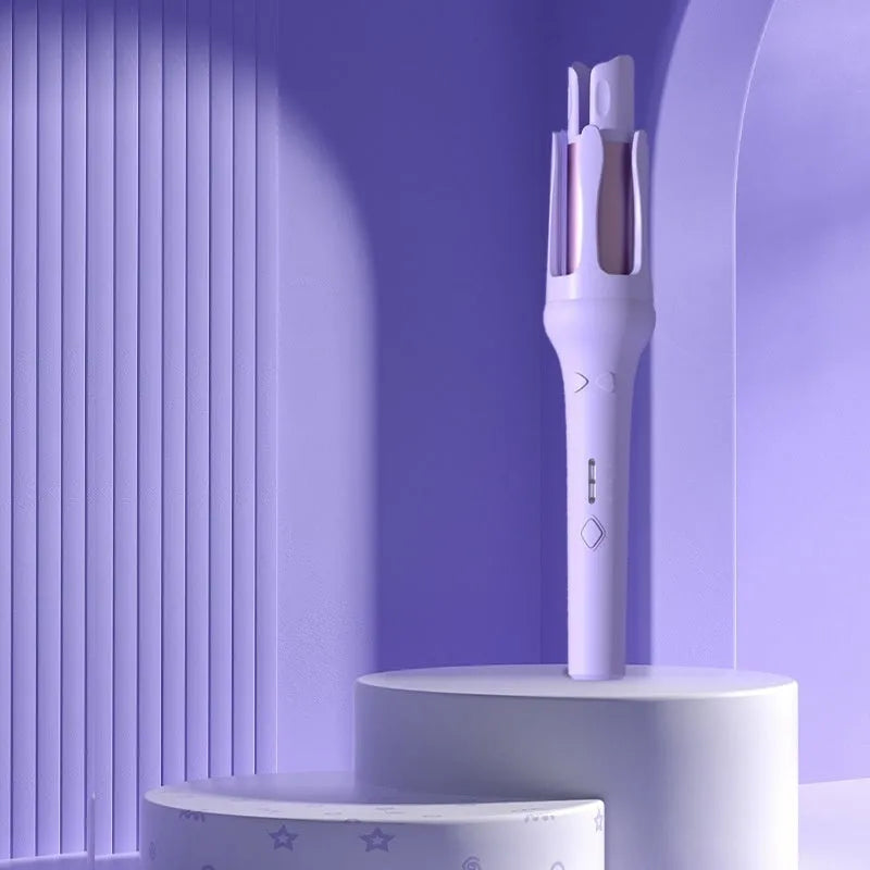 White automatic hair curler with 32mm barrel showing pink or purple colour accents and included power adapter