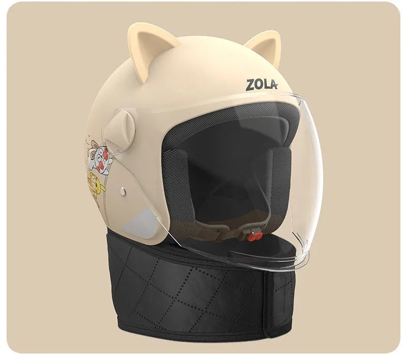 Winter electric bicycle helmet with anti-fog visor and attached detachable scarf in blue colour.