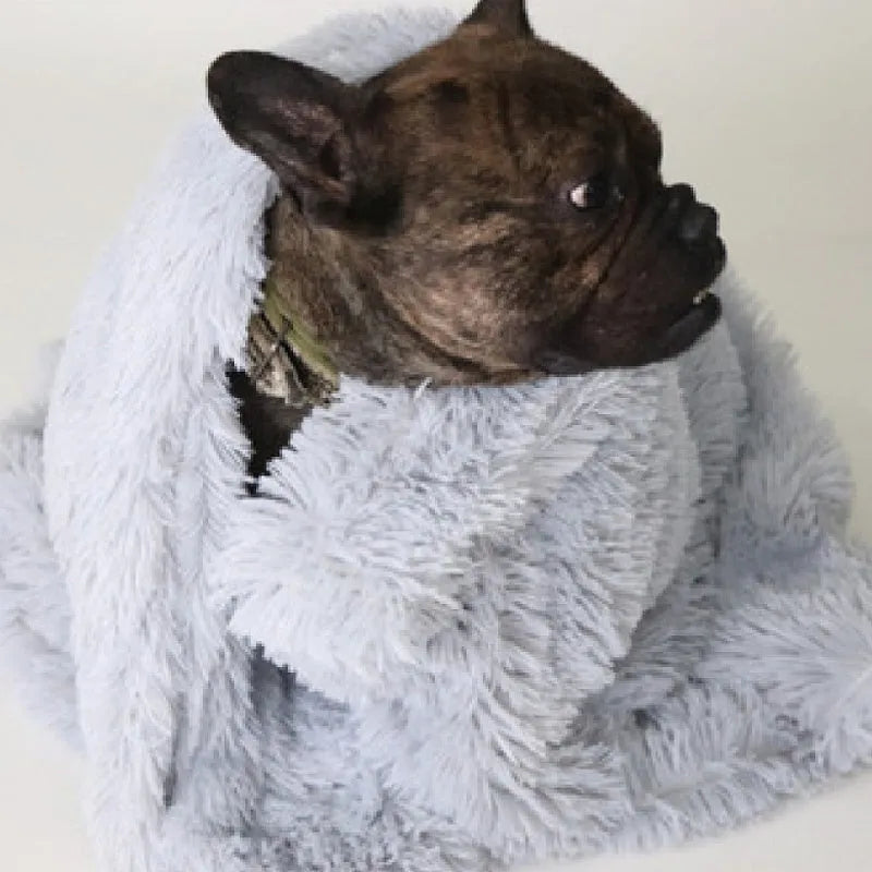 Wool polyester plush pet blanket in dark grey light grey white light pink colours showing S M L size options