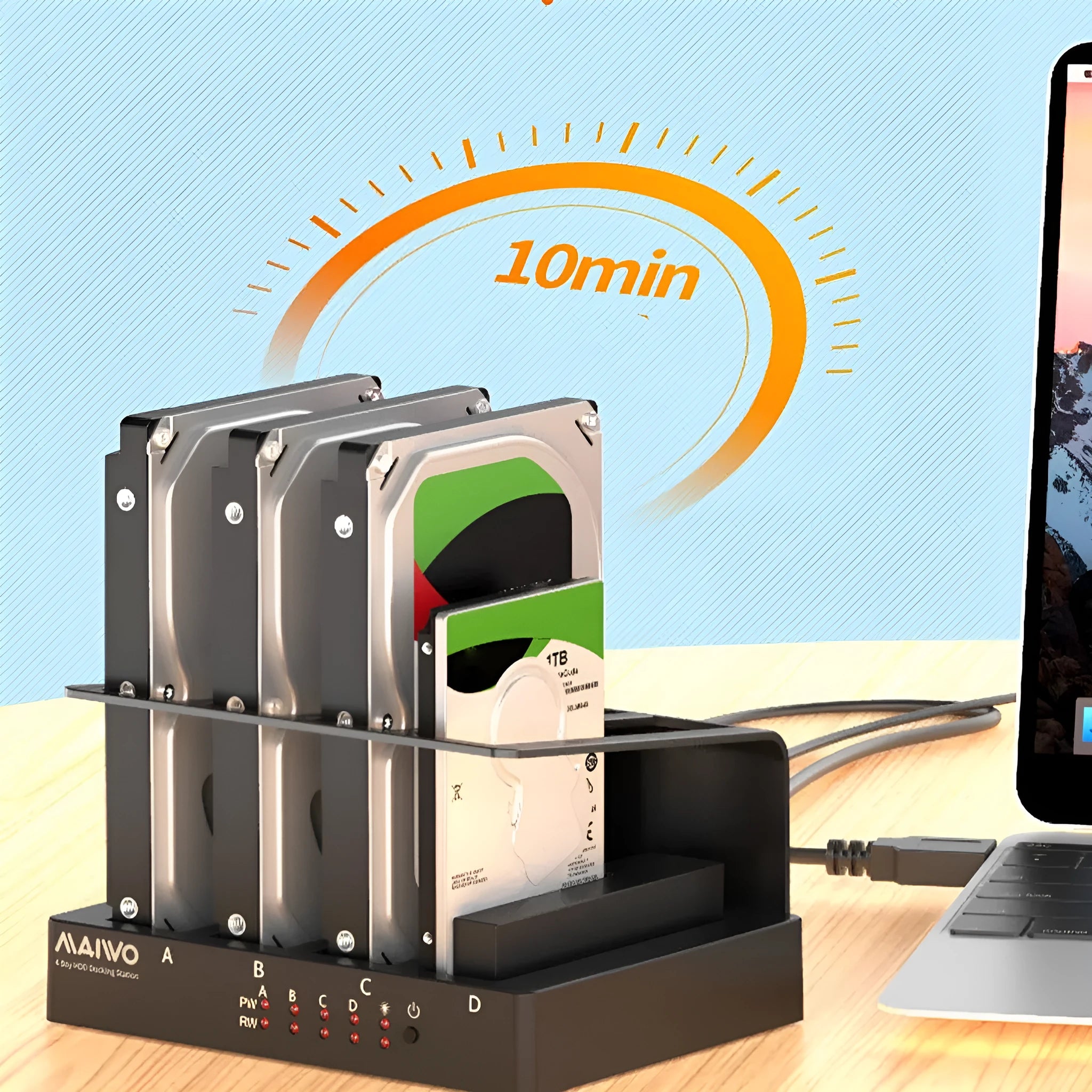 Four-bay external hard drive docking station with USB cable and power adapter