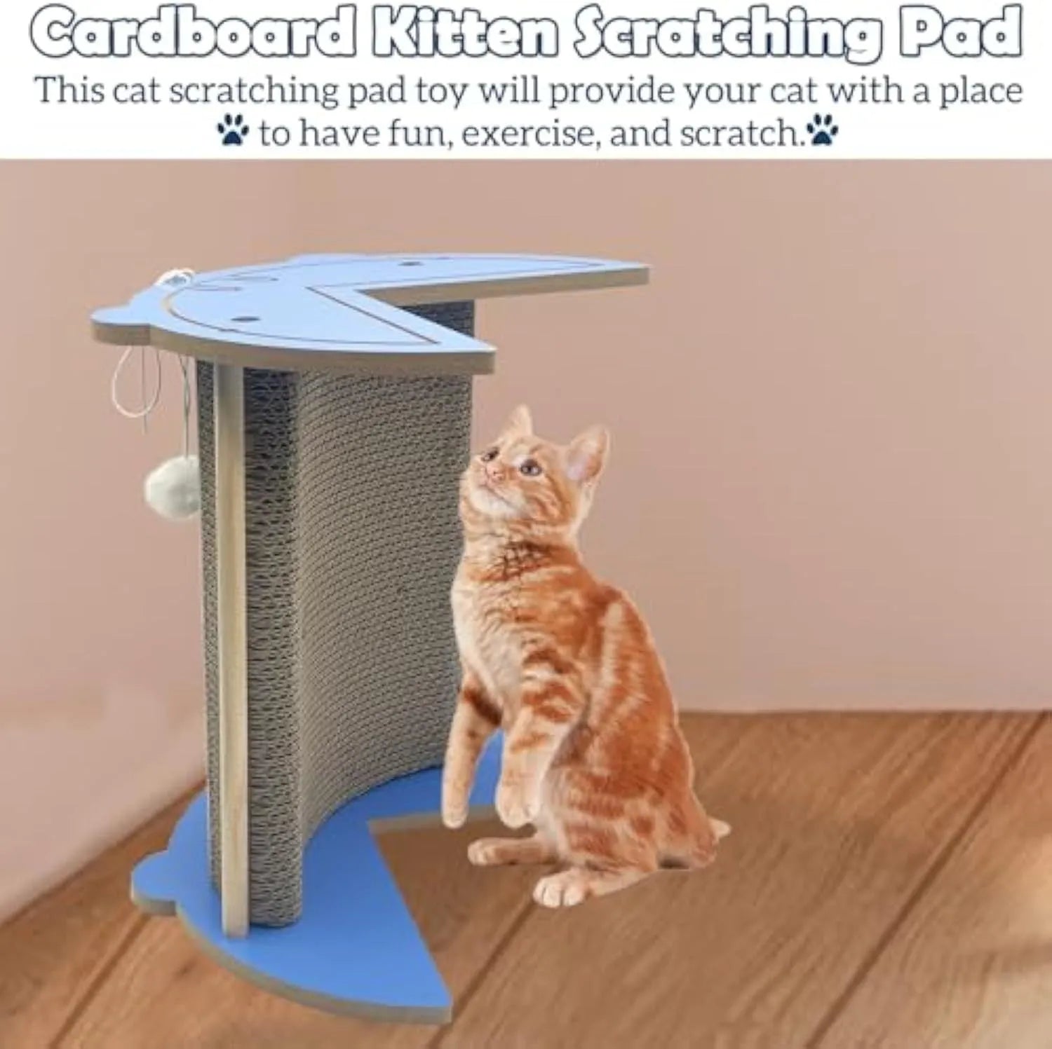 Cat corner scratching pad with hanging ball installed in room corner