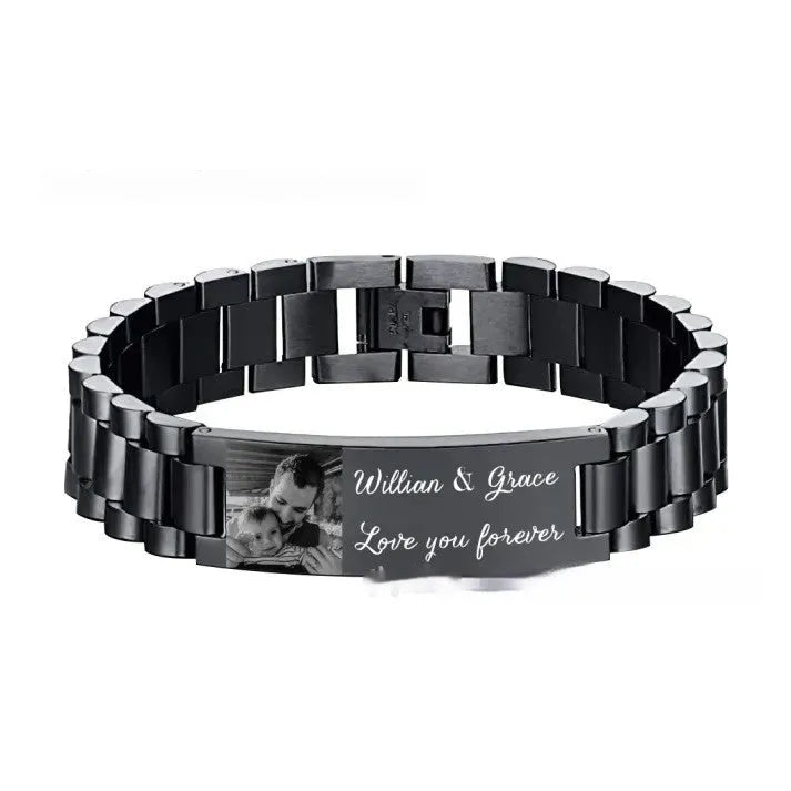 Men's stainless steel bracelet with curved heart shape and engraved lettering in gift box