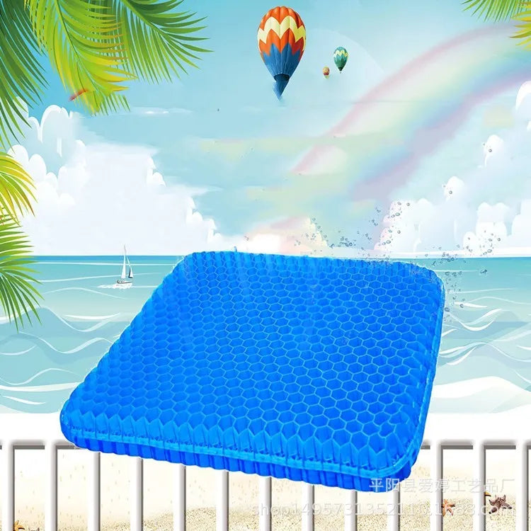 Gel seat cushion with honeycomb pattern showing double thick construction and removable PVC cover