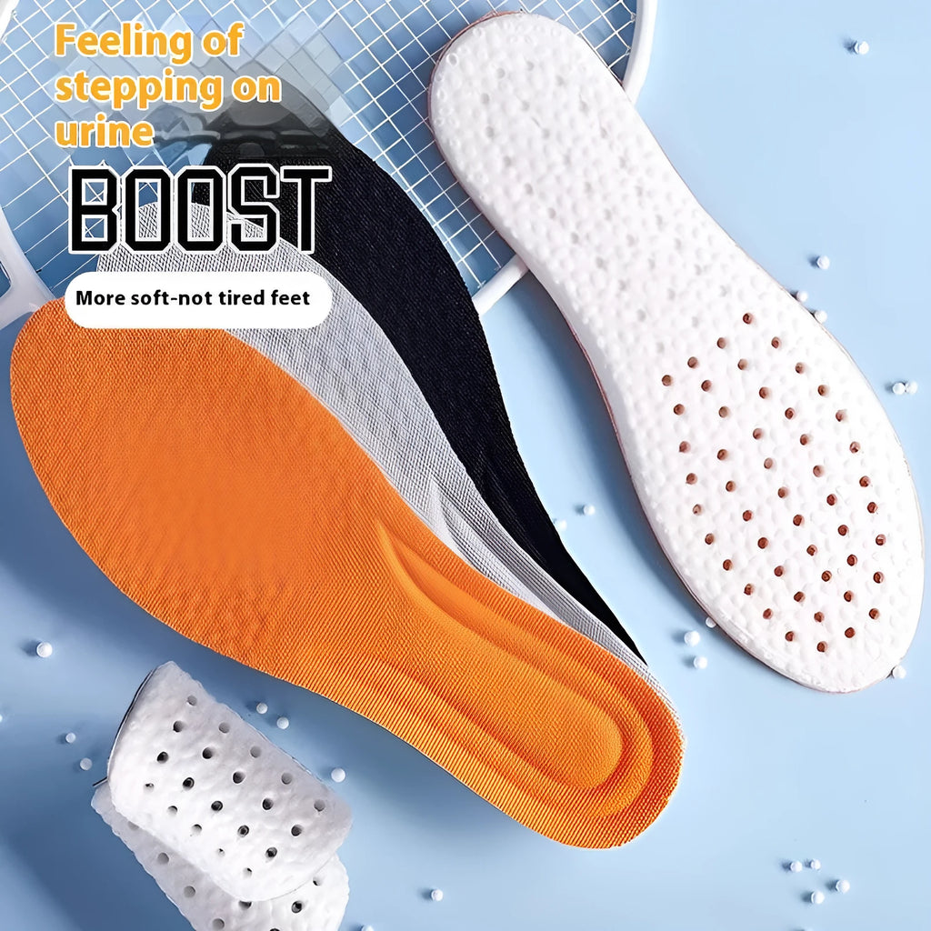 PU sports insoles in black, grey and orange colours with trimmable edges for custom sizing
