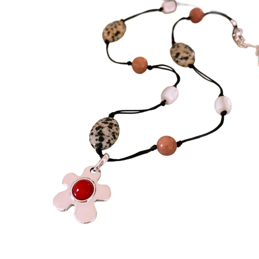 Adjustable ethnic flower pendant necklace with stone and shell beads on electroplated alloy chain