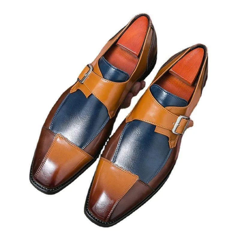 Men's brown-blue retro buckle casual shoes with a tall crown upper.
