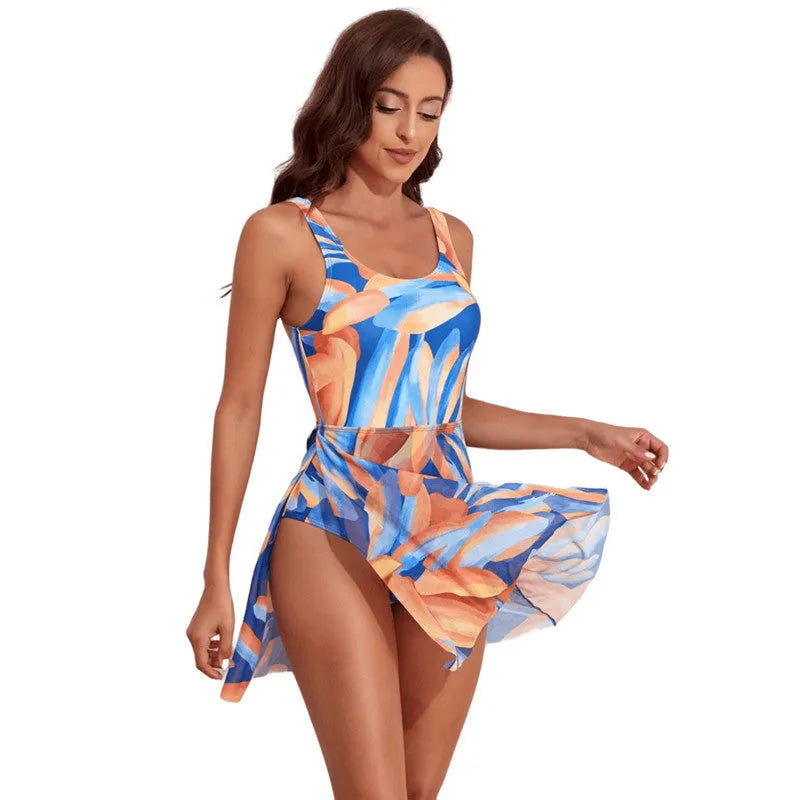 Women's single-shoulder one-piece swimsuit with digital floral printing and slim waist design