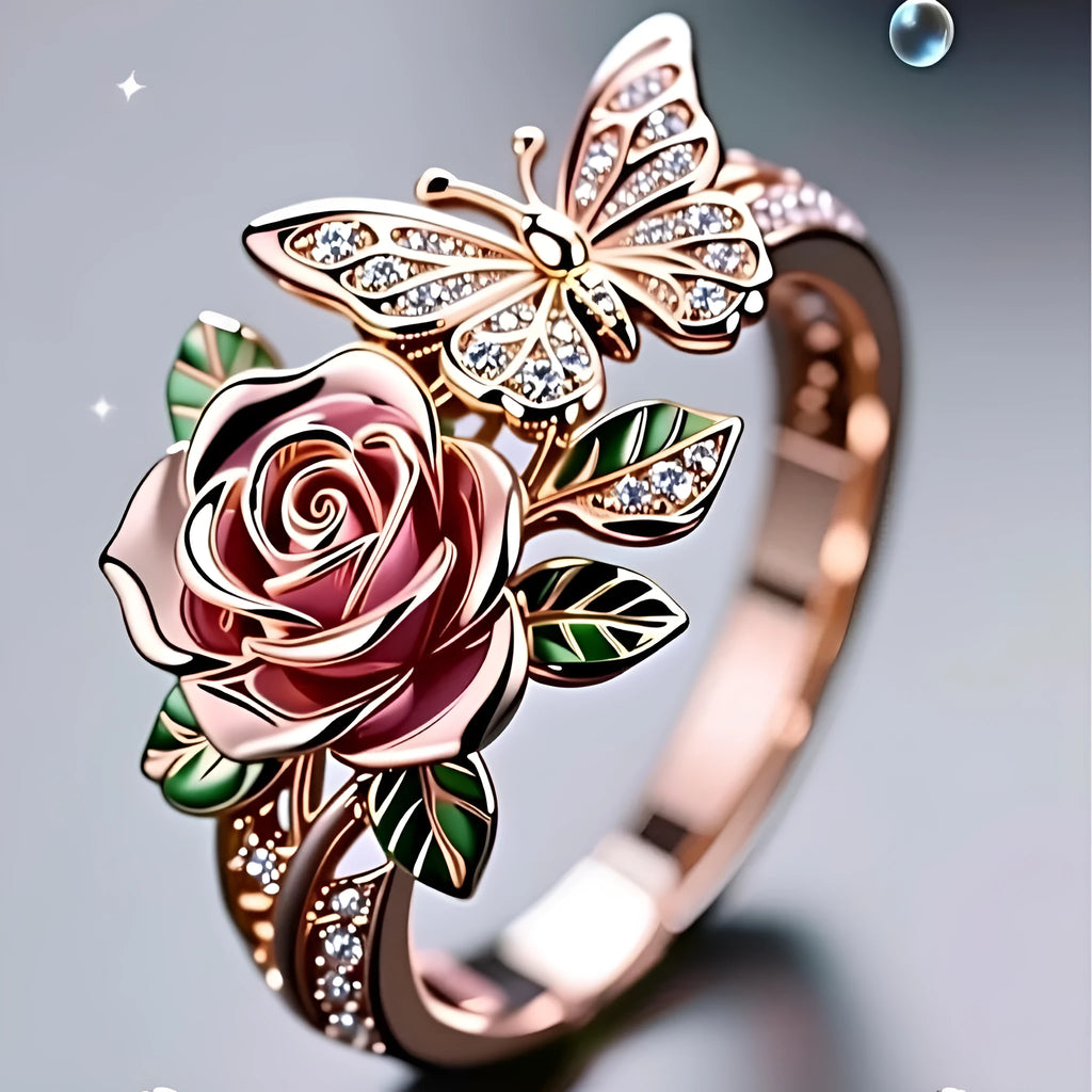 Adjustable butterfly personality ring with colourful oil drip finish showing floral and insect details