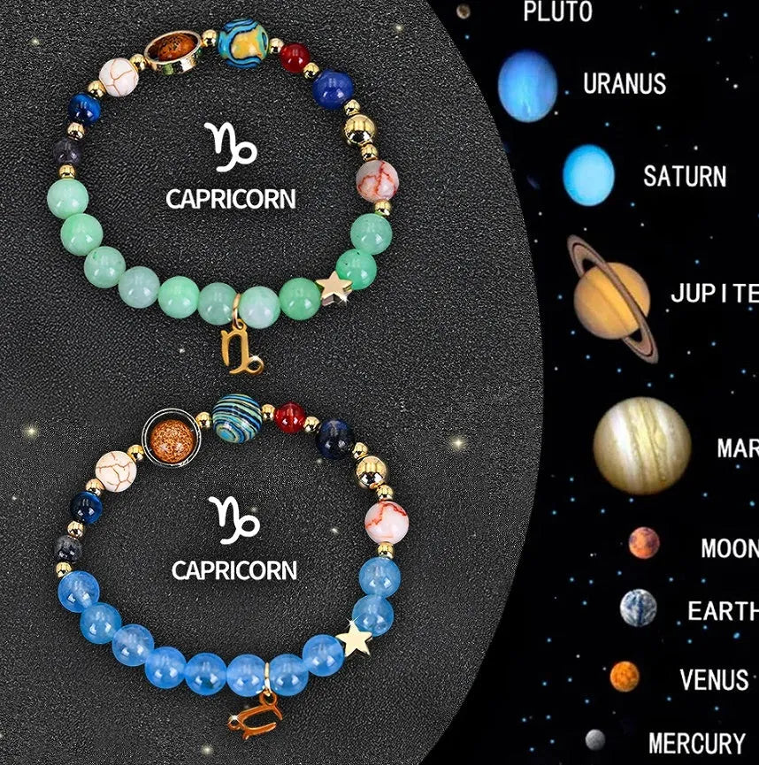 Two natural stone beaded bracelets showing zodiac sign designs, presented as a set.