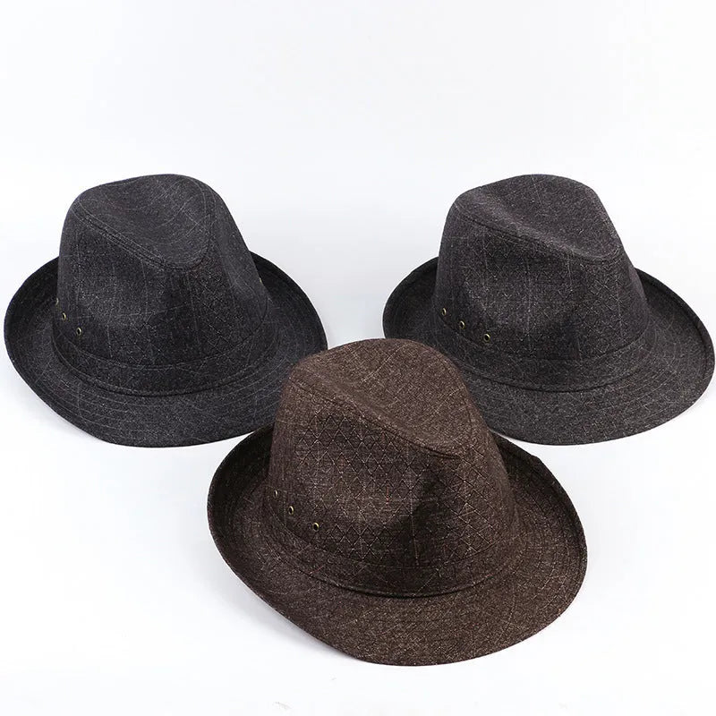 A thickened suit material fedora hat for men in sizes 57cm to 60cm, shown in a dark colour.