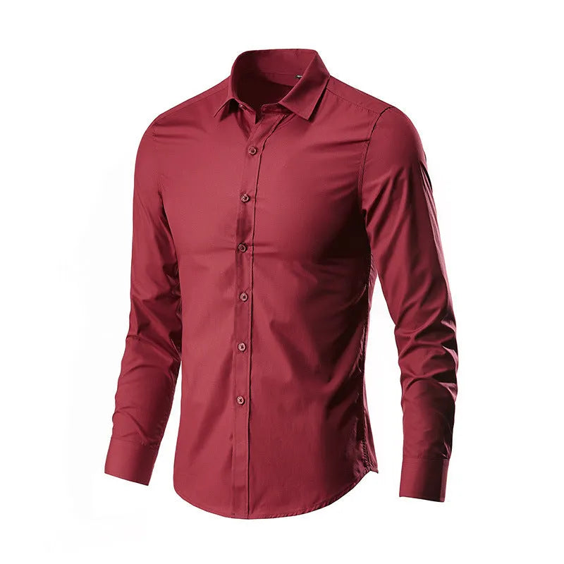 Men's long-sleeve linen shirt in a slim, loose fit on a hanger