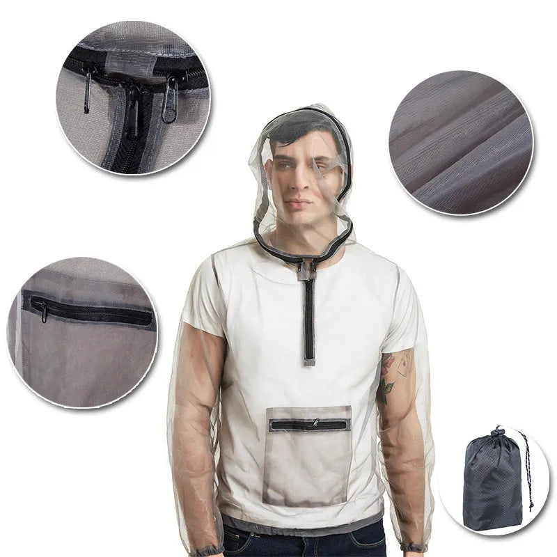 Smoky grey breathable mesh outdoor jacket with insect-proof design for hiking and camping