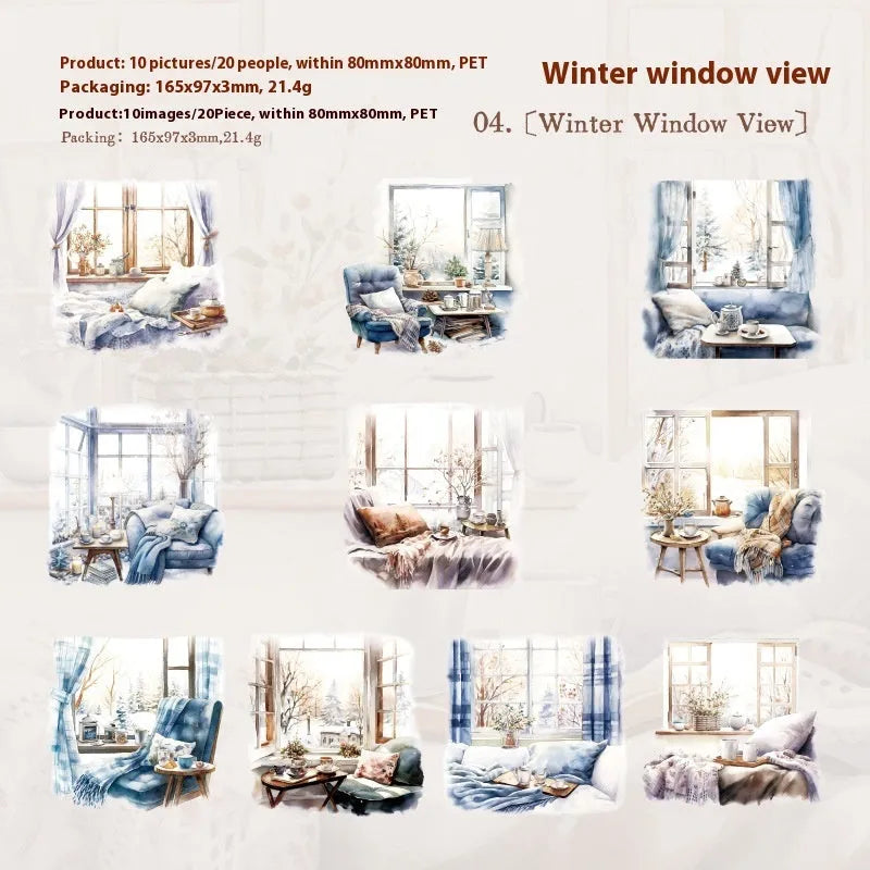 Window Story Series retro decorative journal stickers set showing six printed design colourways.