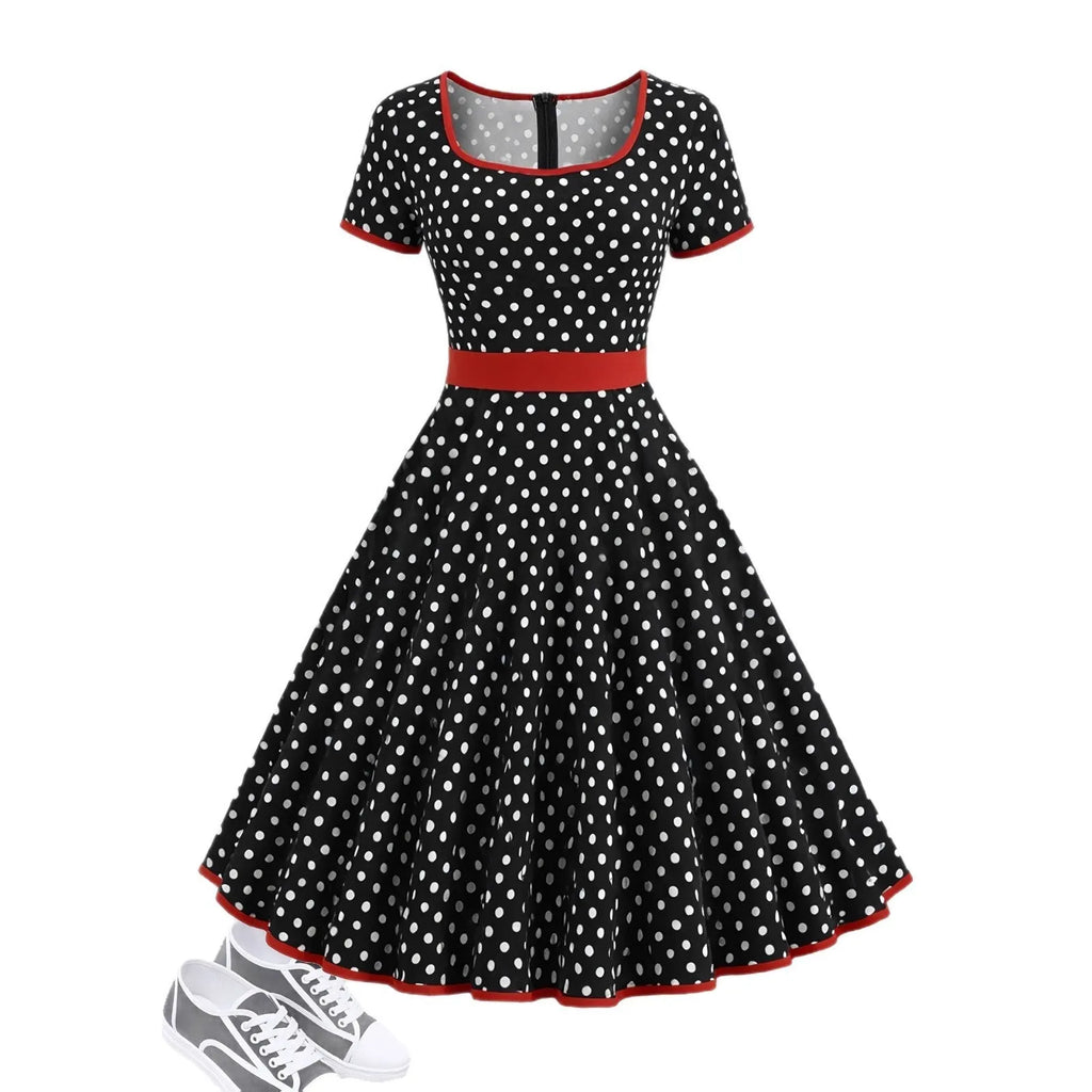 Women's multicolor polka dot dress with square collar, front zipper, and pleated skirt