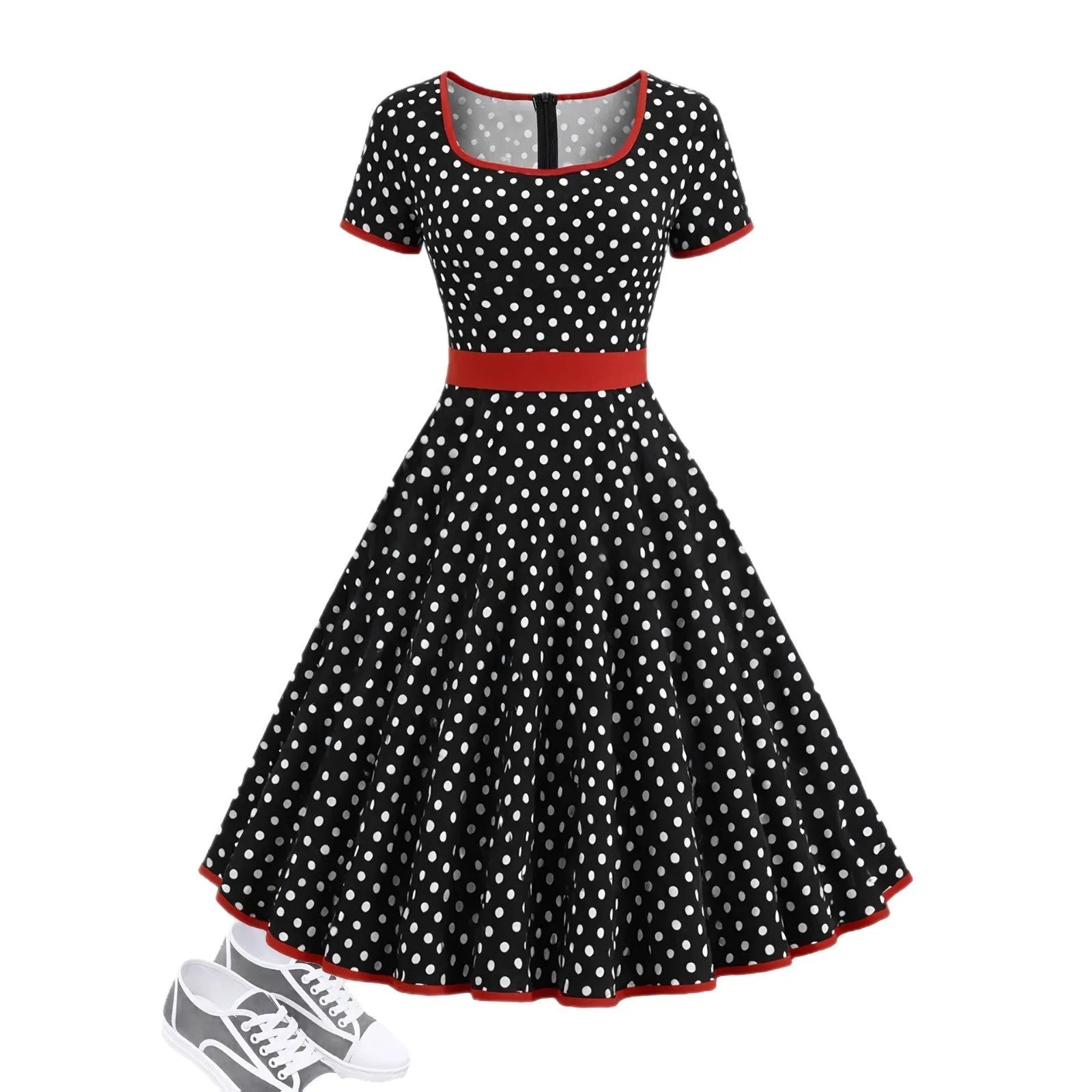 Women's multicolor polka dot dress with square collar, front zipper, and pleated skirt