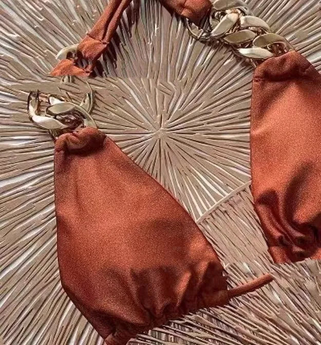 Brown tube-top bikini swimsuit with split design for women