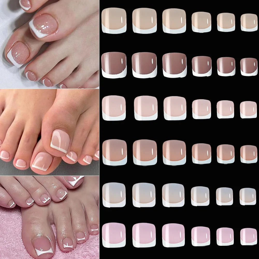 Box of 120 French tip artificial toenails in full square short shape with nine nude colour options