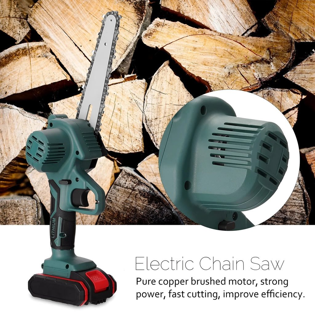 Black mini electric chainsaw with 4 inch guide plate held in one hand