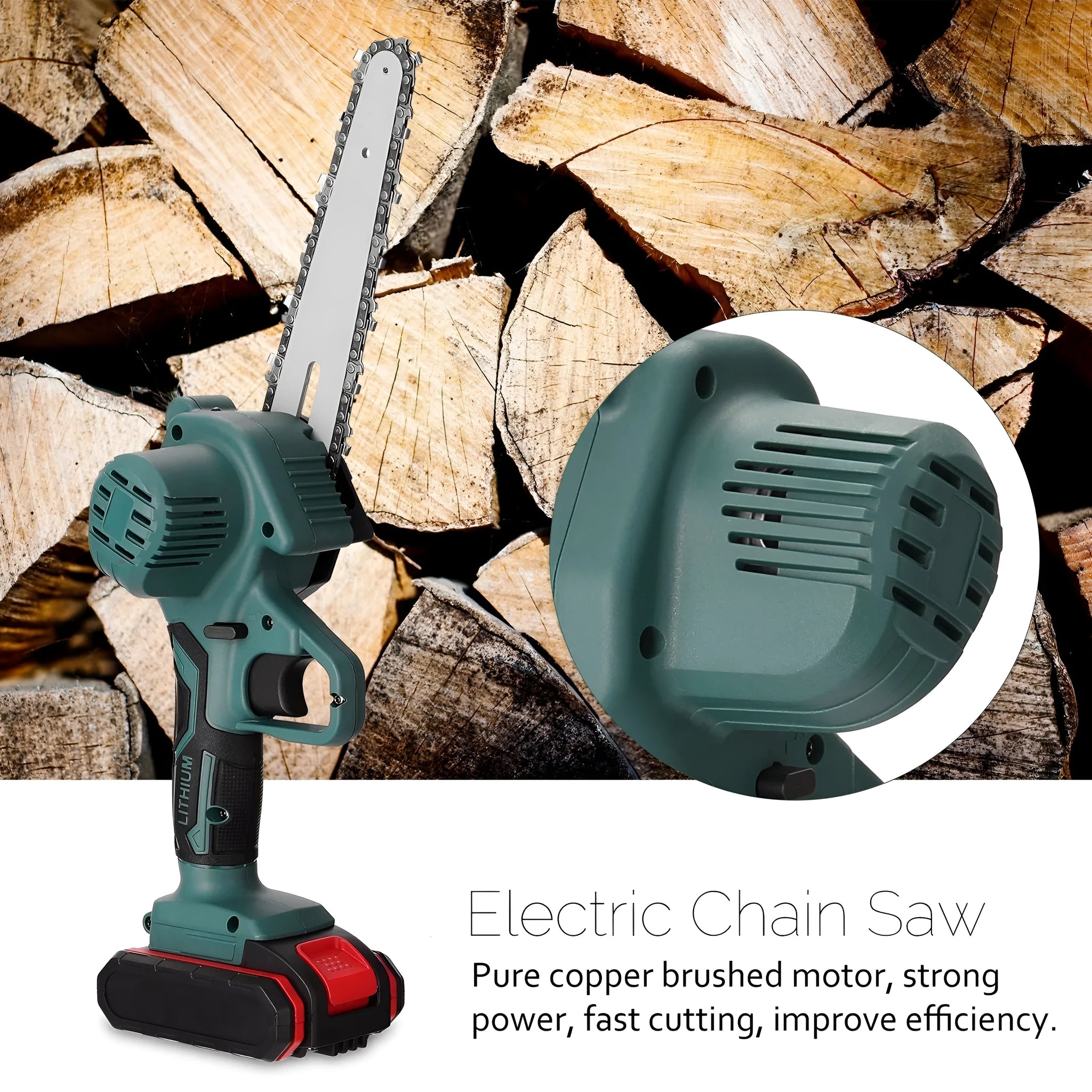 Black mini electric chainsaw with 4 inch guide plate held in one hand