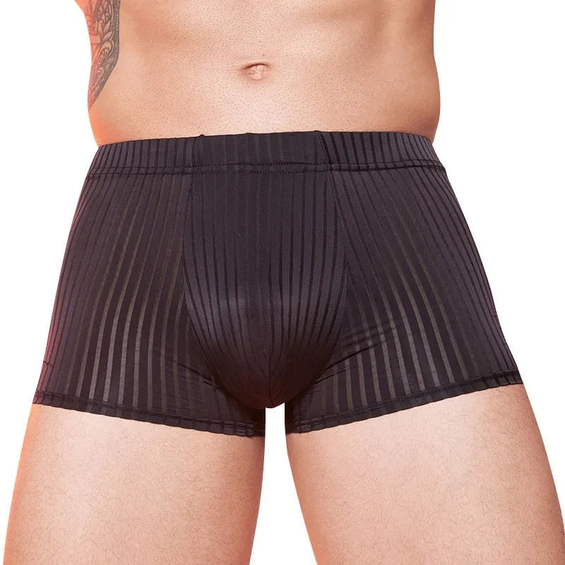 Men's black and white striped thin nylon underwear laid flat.