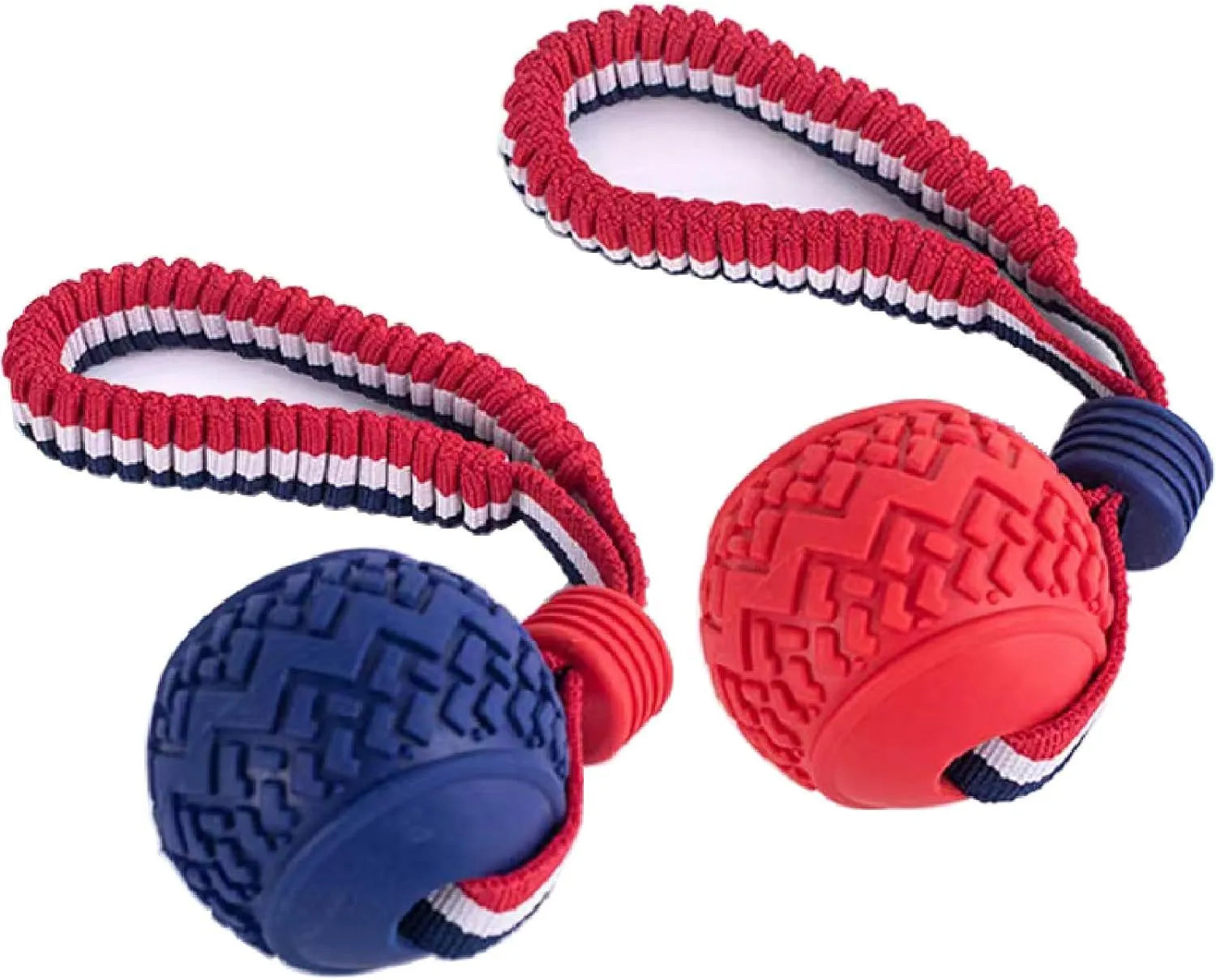 Blue natural rubber dog ball with rope toy showing textured surface, sized for medium and small dog breeds