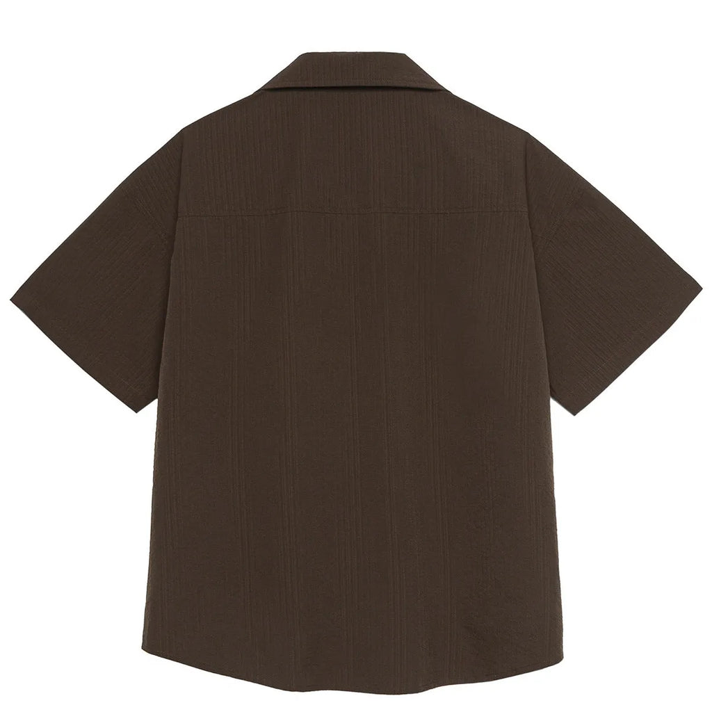 Brown striped Cuban collar short sleeve polyester shirt for outdoor casual wear