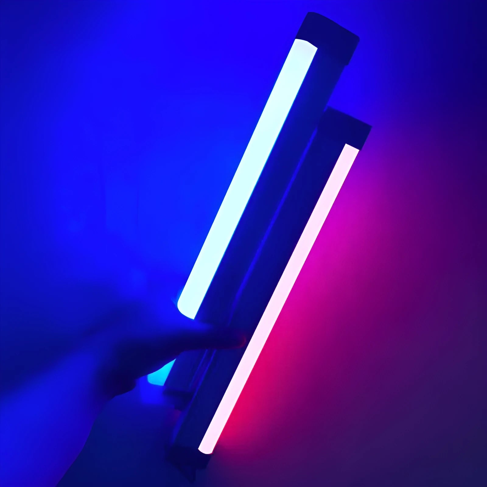Rechargeable dimmable LED tube stick night light in blue or purple, showing 17cm, 32cm and 52cm length options.