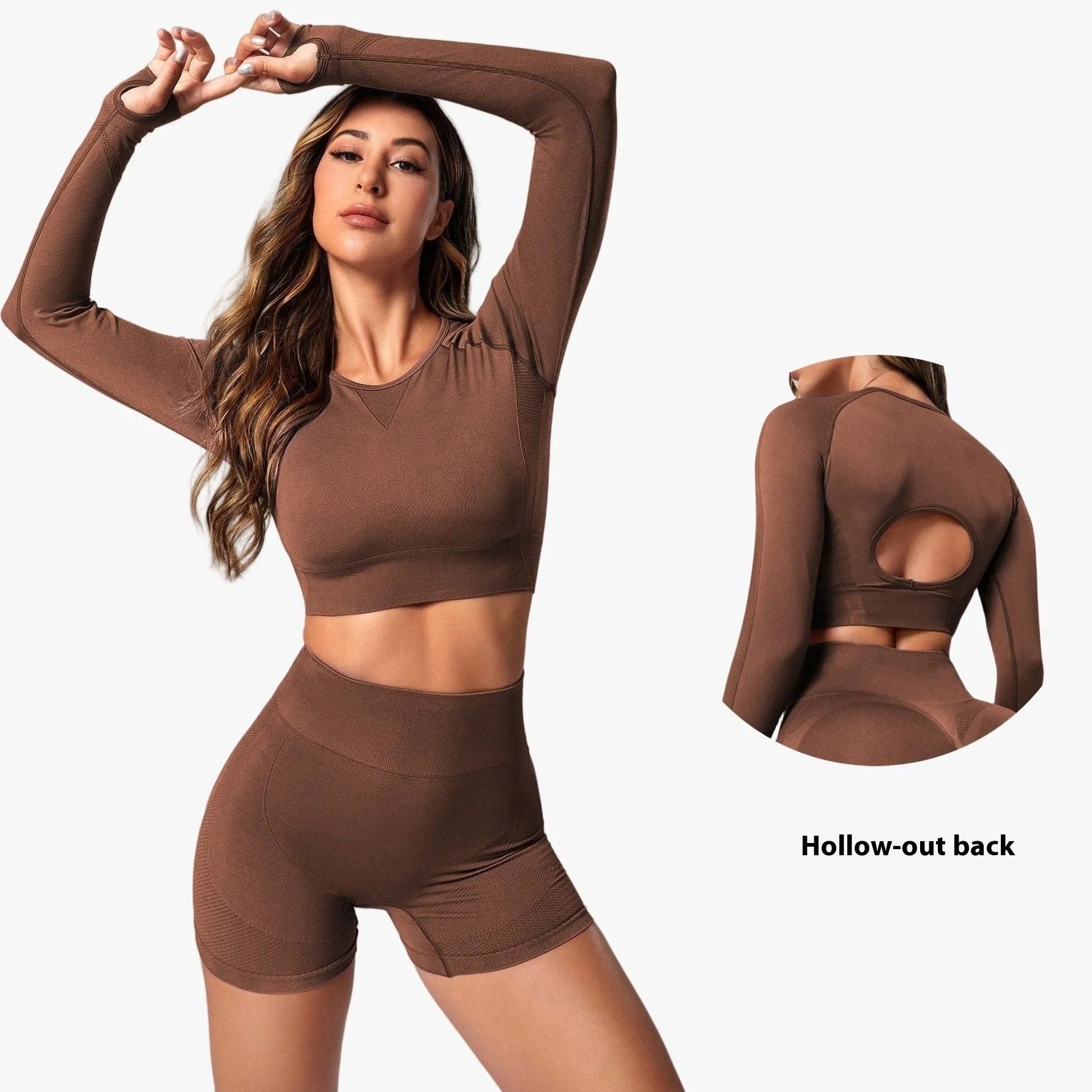 Women's high waist yoga suit in black, brown, or purple colours, showing pullover top and tight-fitting pants.