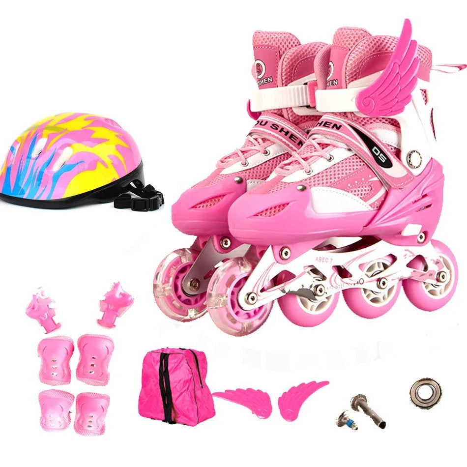 Adjustable children's roller skates with aluminium frame and protective gear set