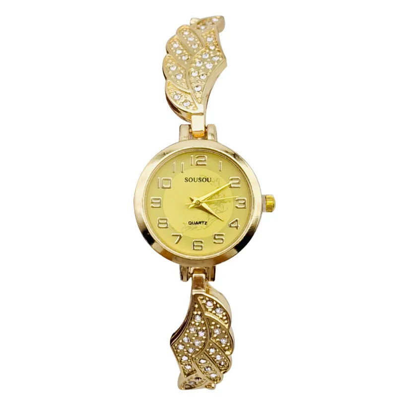 Women's stainless steel watch with round dial in gold, black gold, or white gold finish.