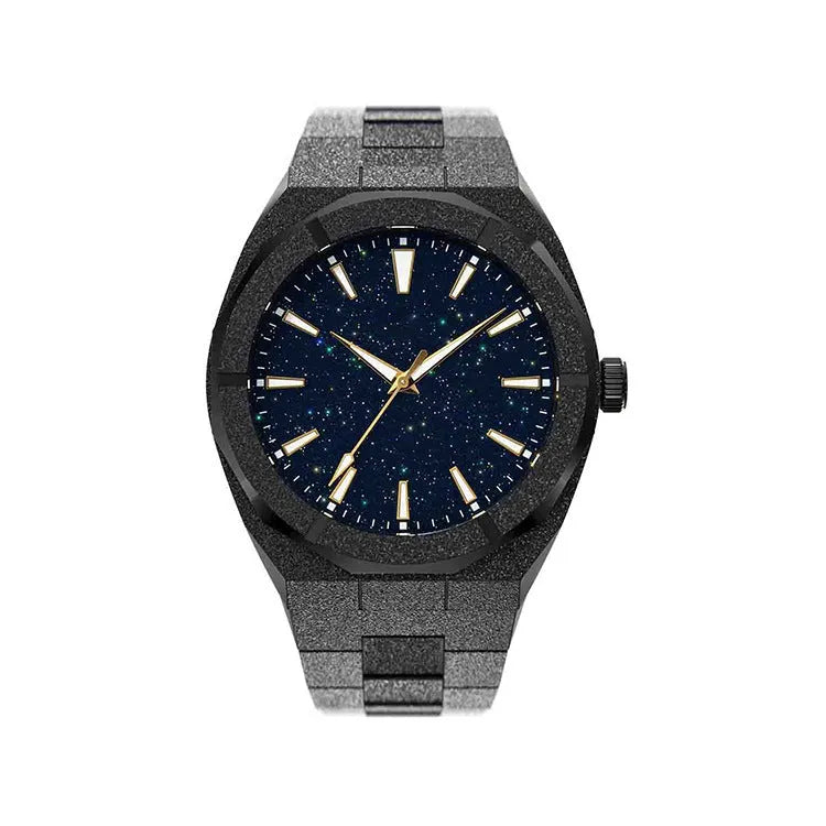 Stainless steel men's watch with a 42mm dial on a metal bracelet with a butterfly clasp.