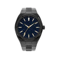 Stainless steel men's watch with a 42mm dial on a metal bracelet with a butterfly clasp.