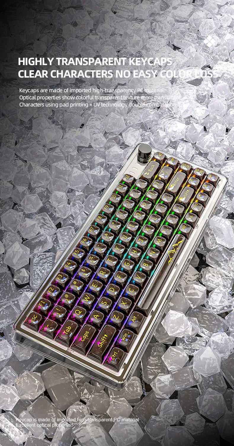 Attack Shark K75RGB transparent wireless mechanical keyboard with RGB lighting on a desk.