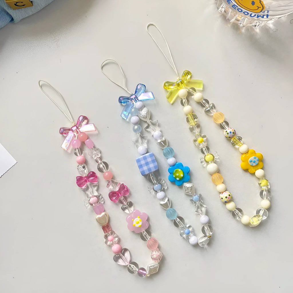 Floral beaded mobile phone lanyard in blue, pink or yellow colour options