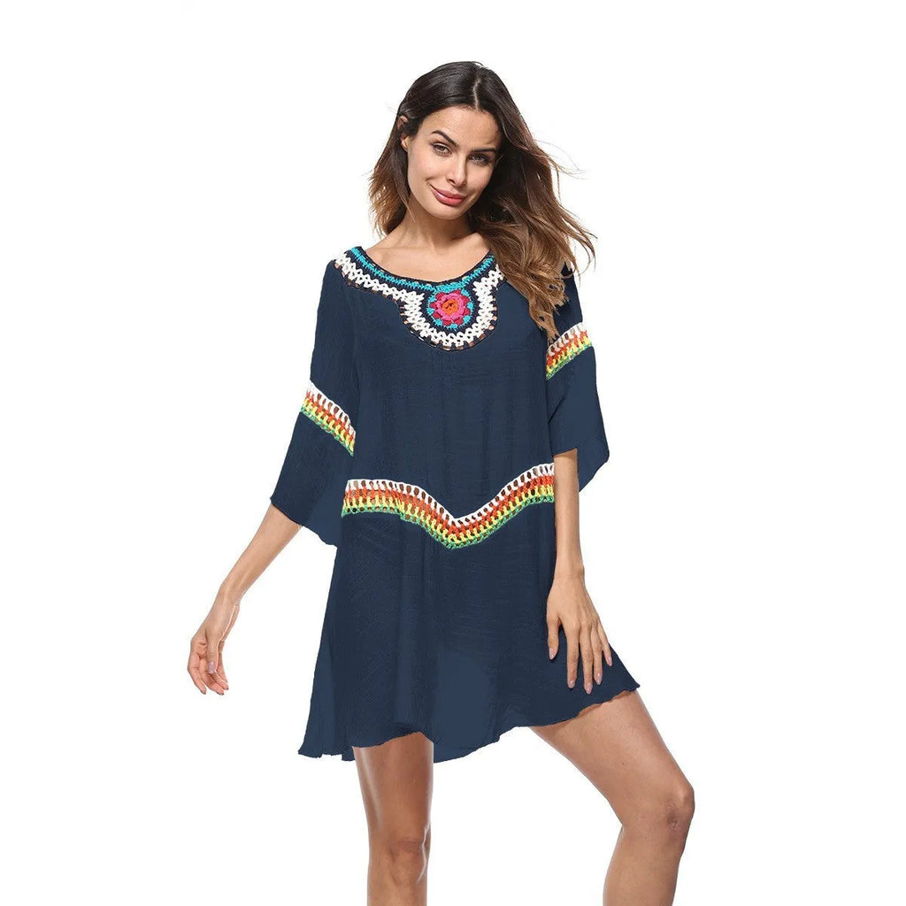 Crocheted ethnic style sun protection beach cover-up for women in apricot colour.